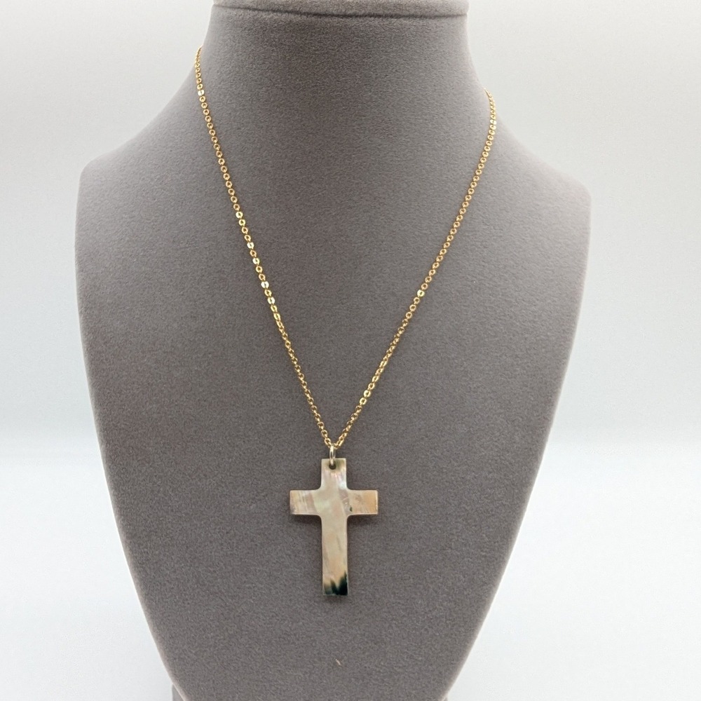 Mother of Pearl Cross Necklace Gold Tone Iridescent Shell Pendant 16 Inch Chain